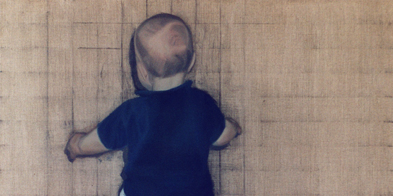 På väg, ett bortvänt barn målat på linneduken, av Anna Renström